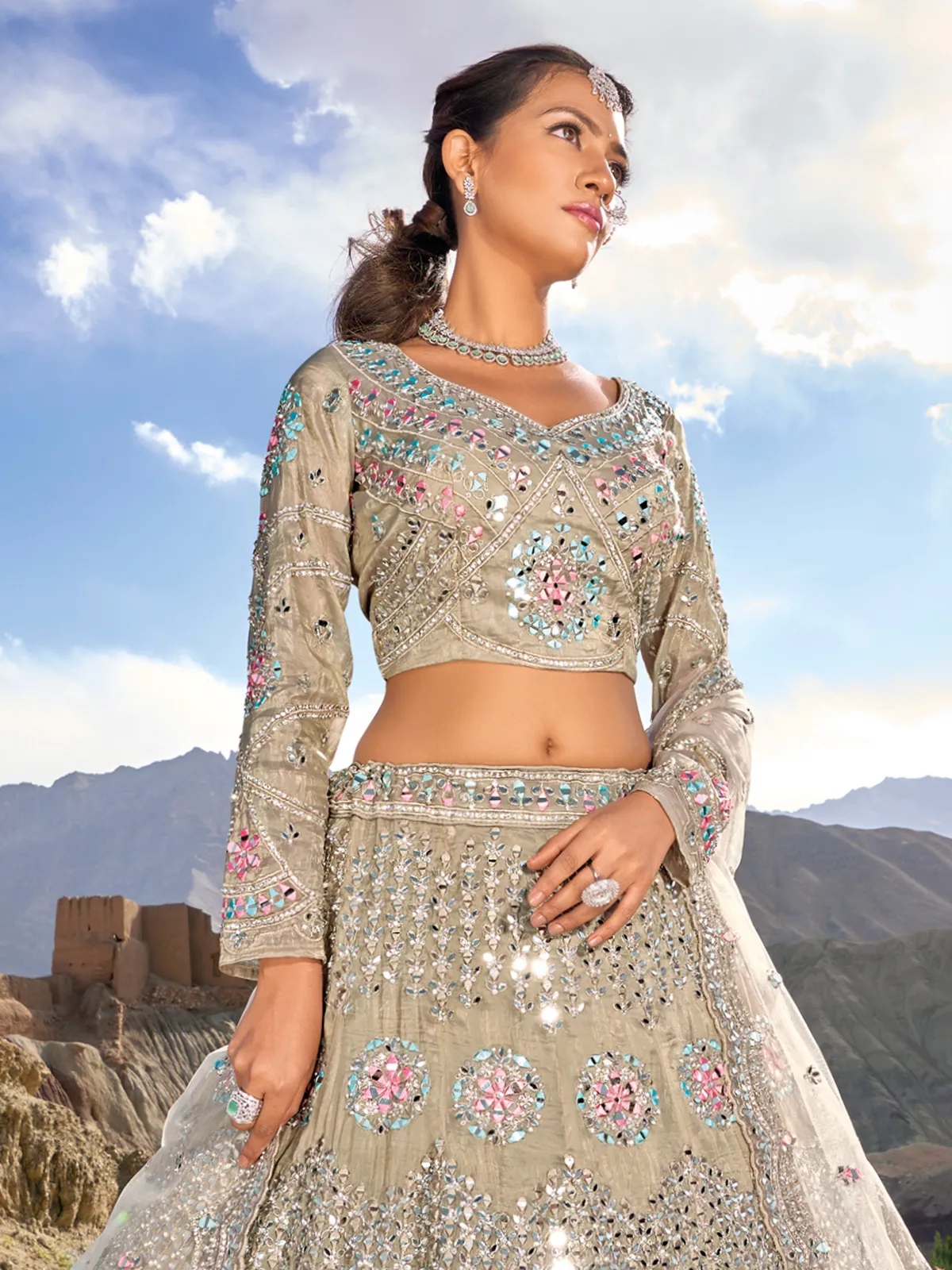 Organza beige unstitched lehenga choli