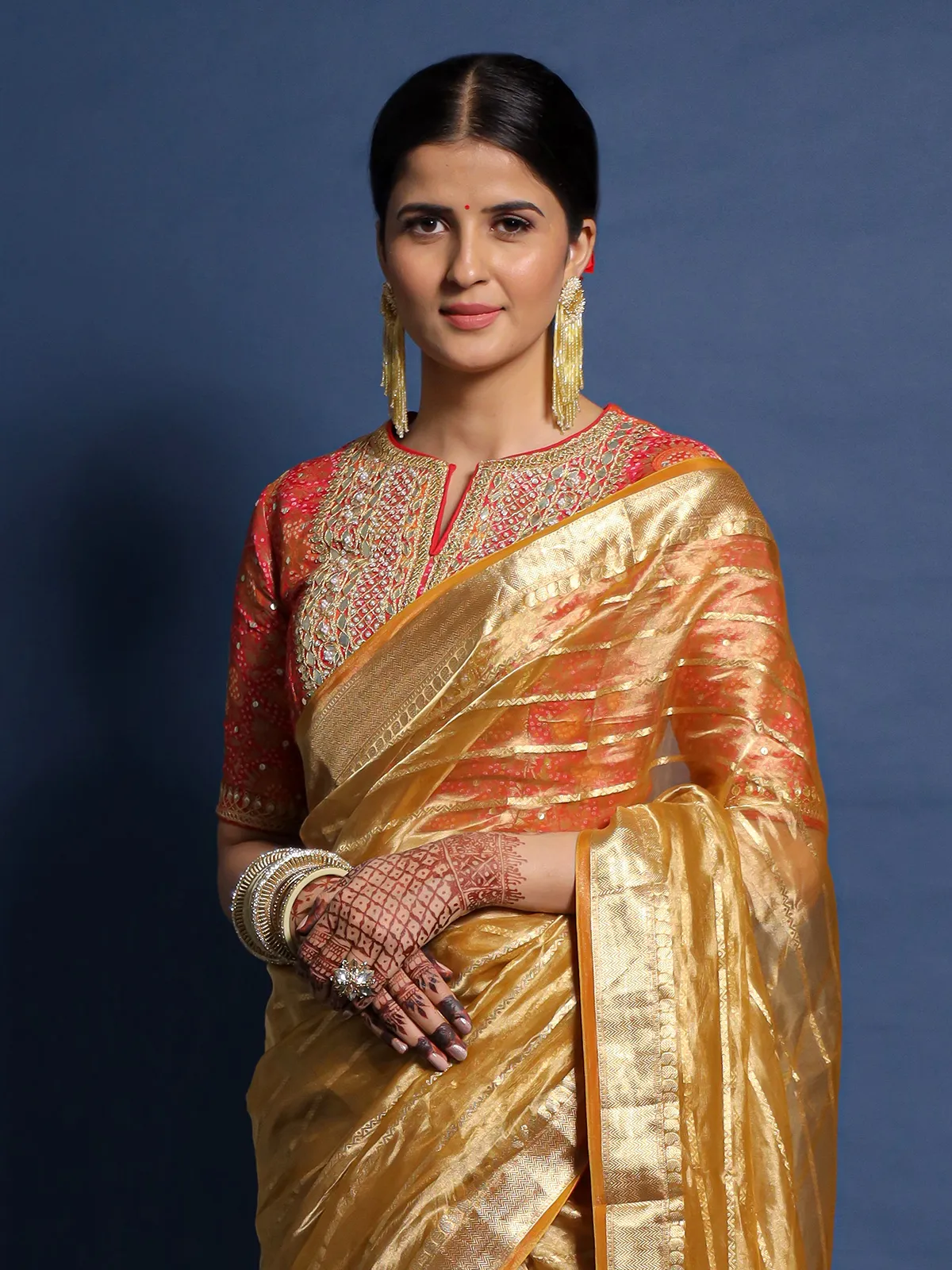 Organza gold saree with blouse