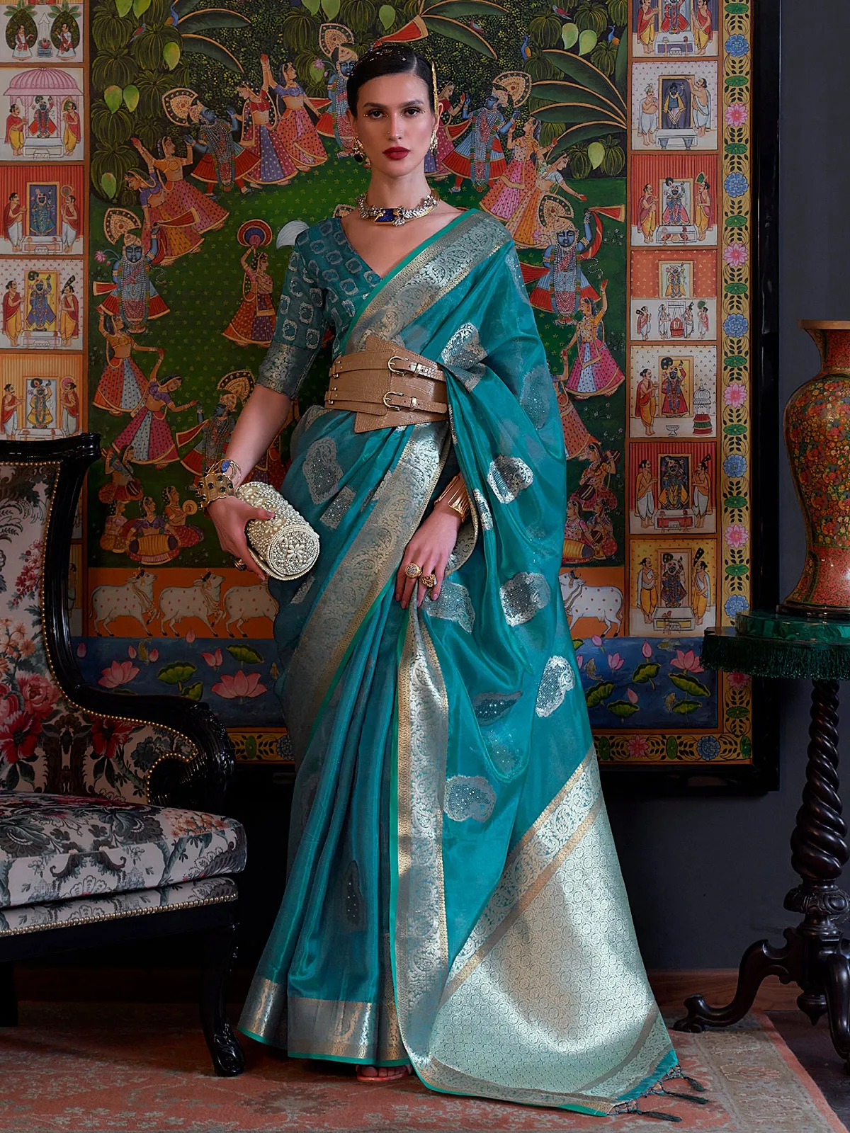 Organza rama blue wedding saree