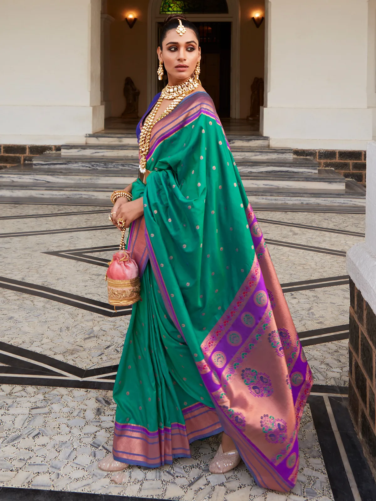 Paithani silk rama green saree for wedding