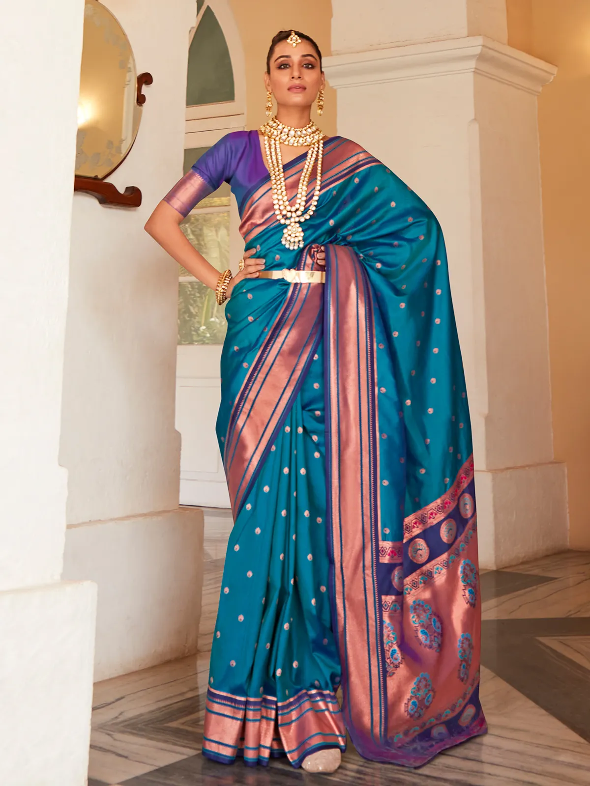 Paithani silk teal blue saree