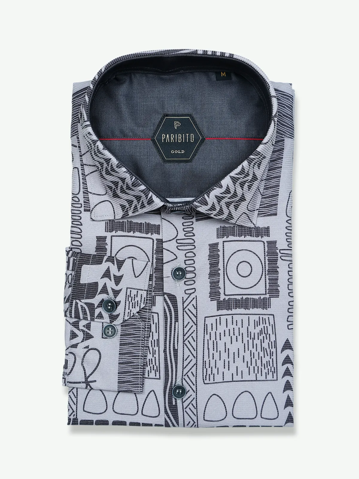 Paribito cotton slim fit grey printed shirt