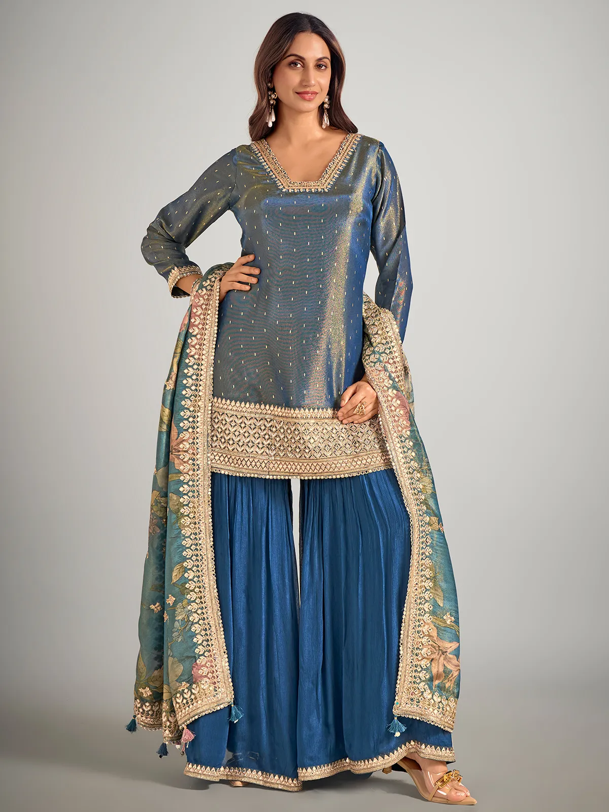Pastel blue silk palazzo suit for wedding