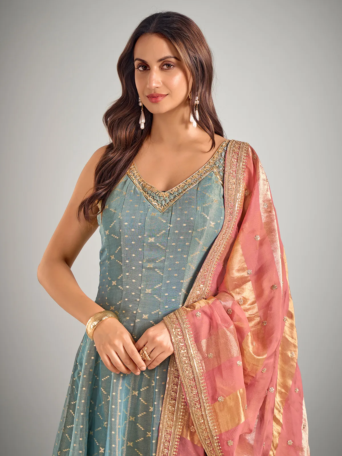 Pastel blue tissue silk anarkali suit