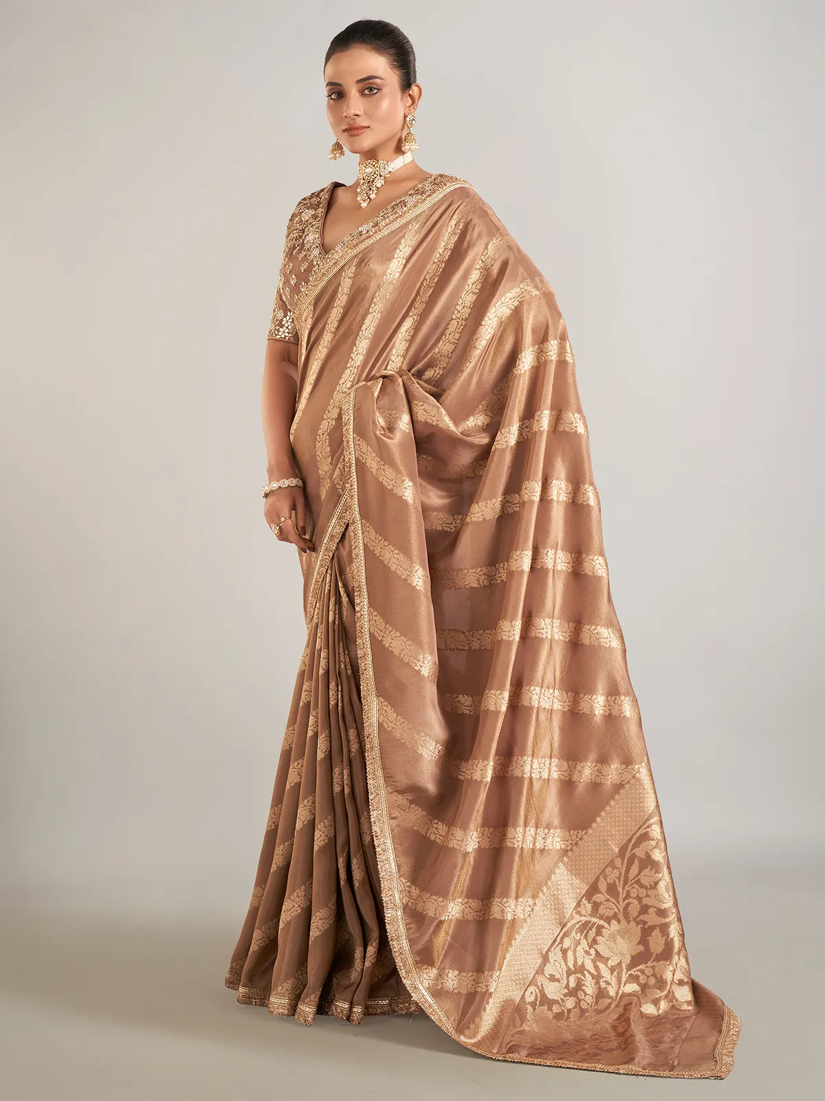 Pastel brown shimmer dola silk wedding saree