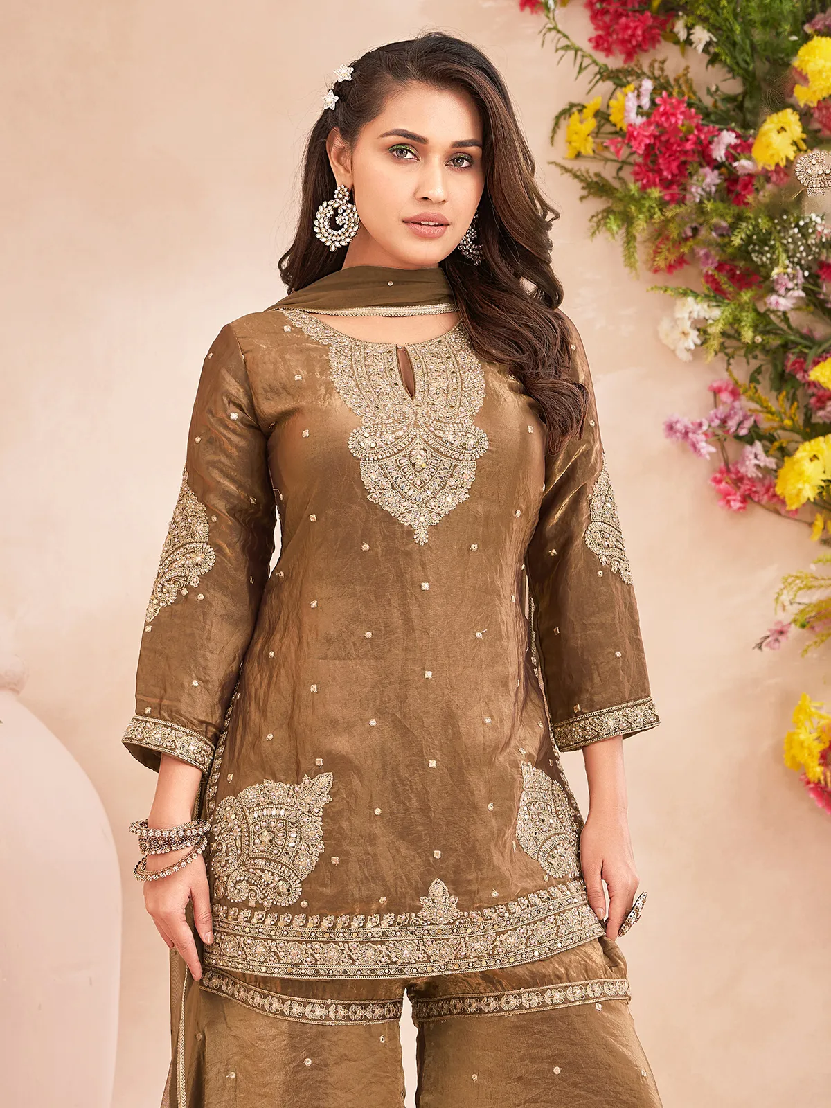 Pastel Brown Silk Embroidered Work Sharara Suit