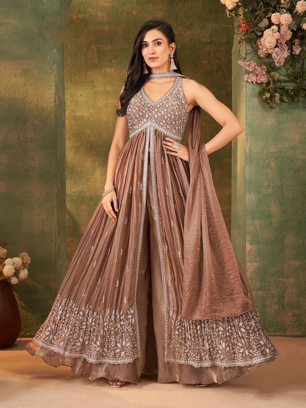 organza anarkali dresses Pastel Brown Tissue Organza Anarkali Palazzo Suit