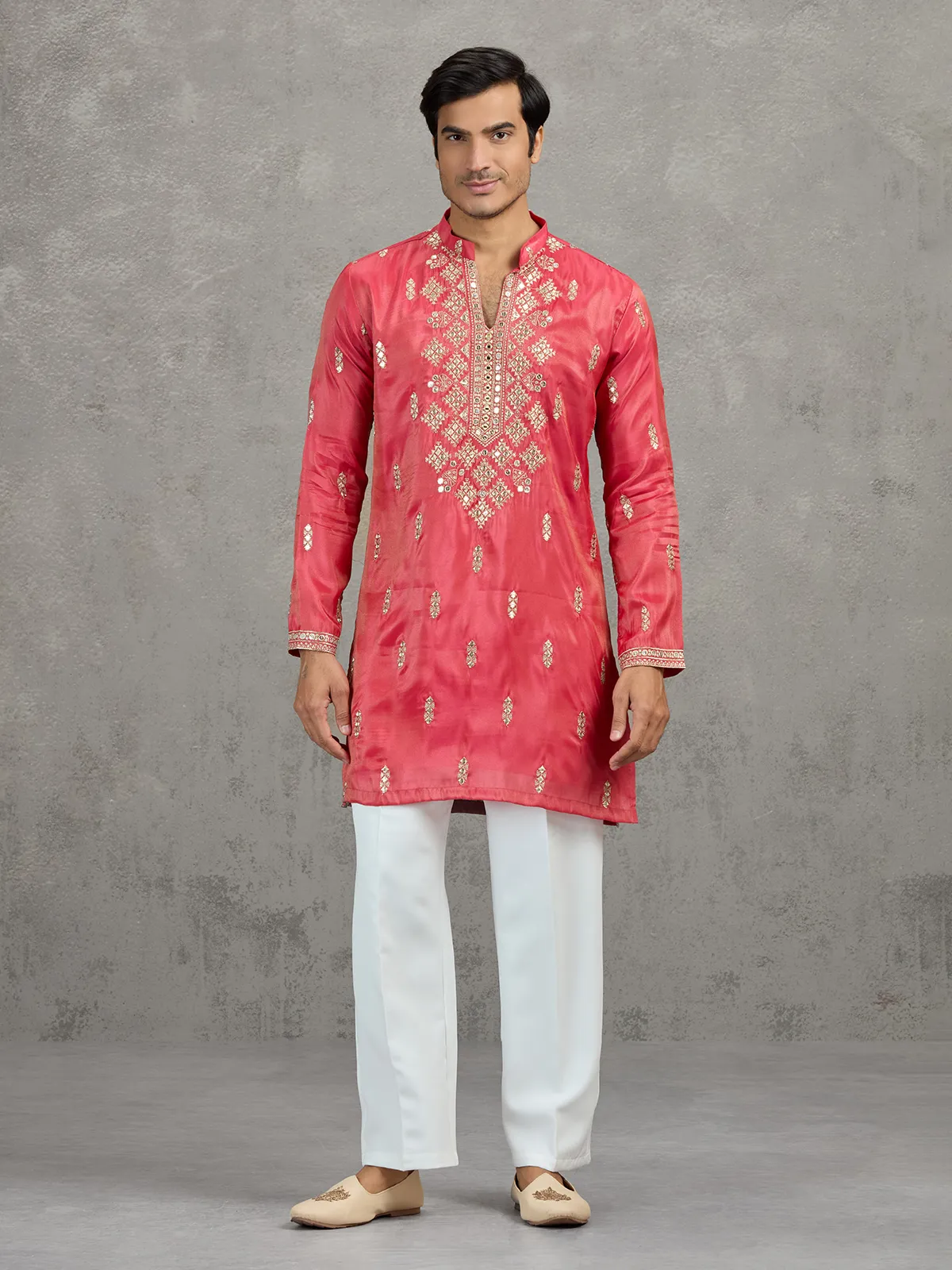 Pastel deep pink tissue embroidered festive kurta suit