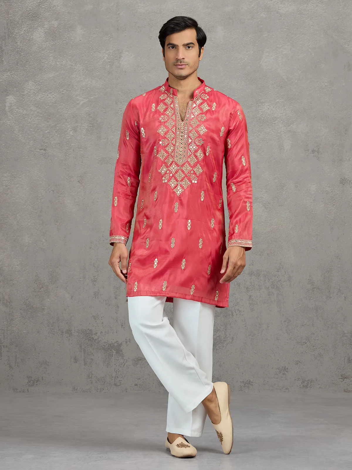 Pastel deep pink tissue embroidered festive kurta suit