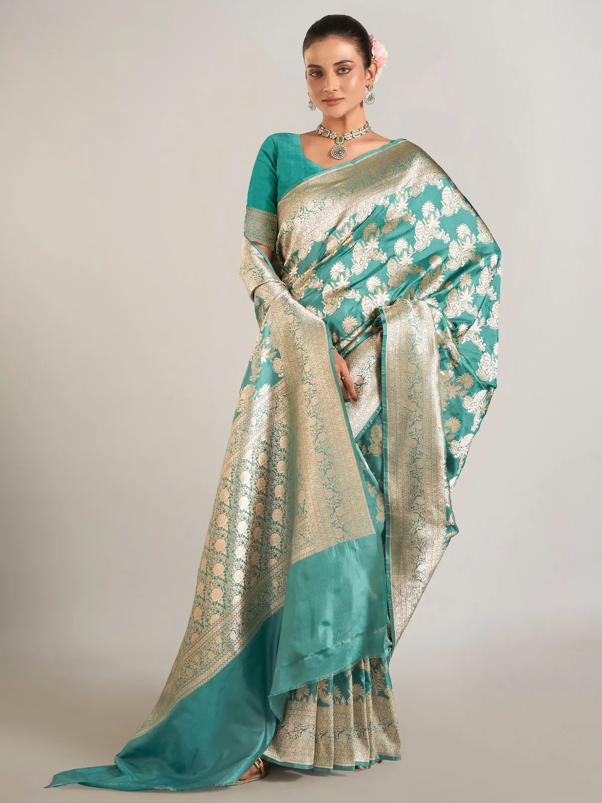 Pastel green banarasi silk saree for wedding