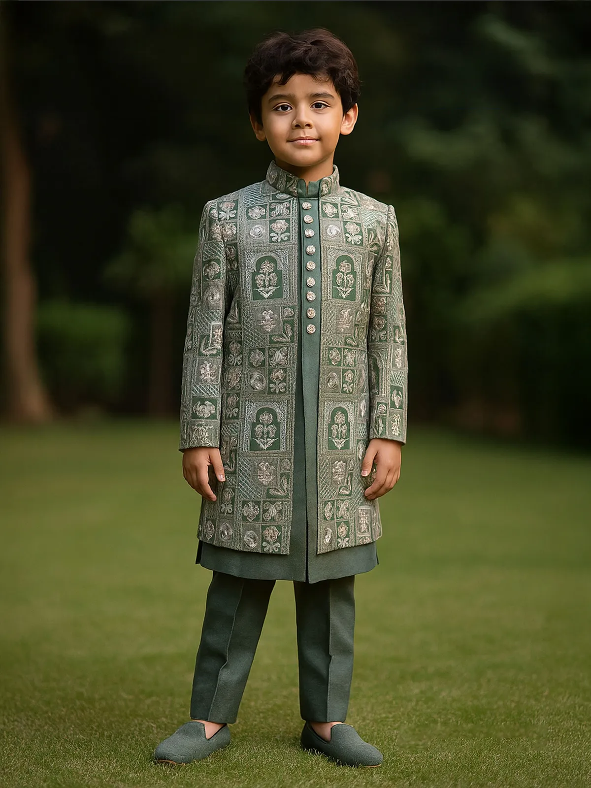 Pastel green cotton silk indowestern suit