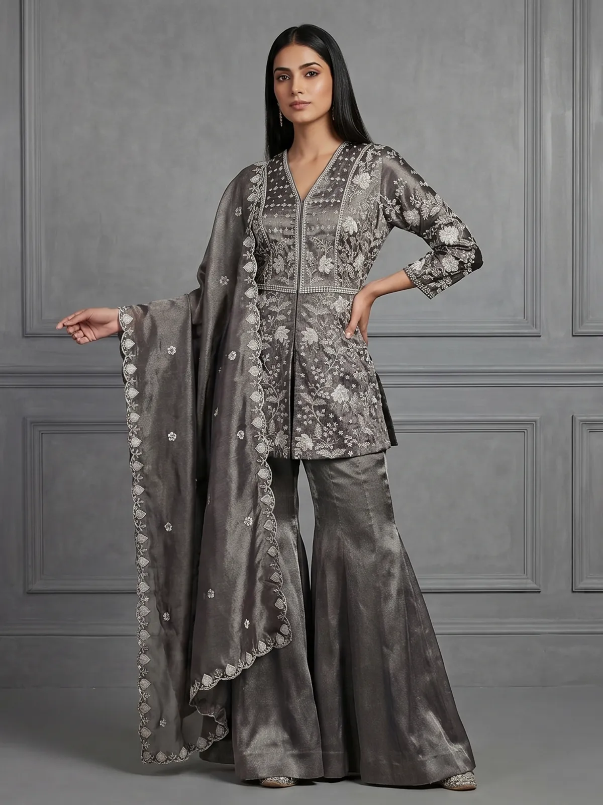 Pastel grey tissue organza palazzo suit designer style