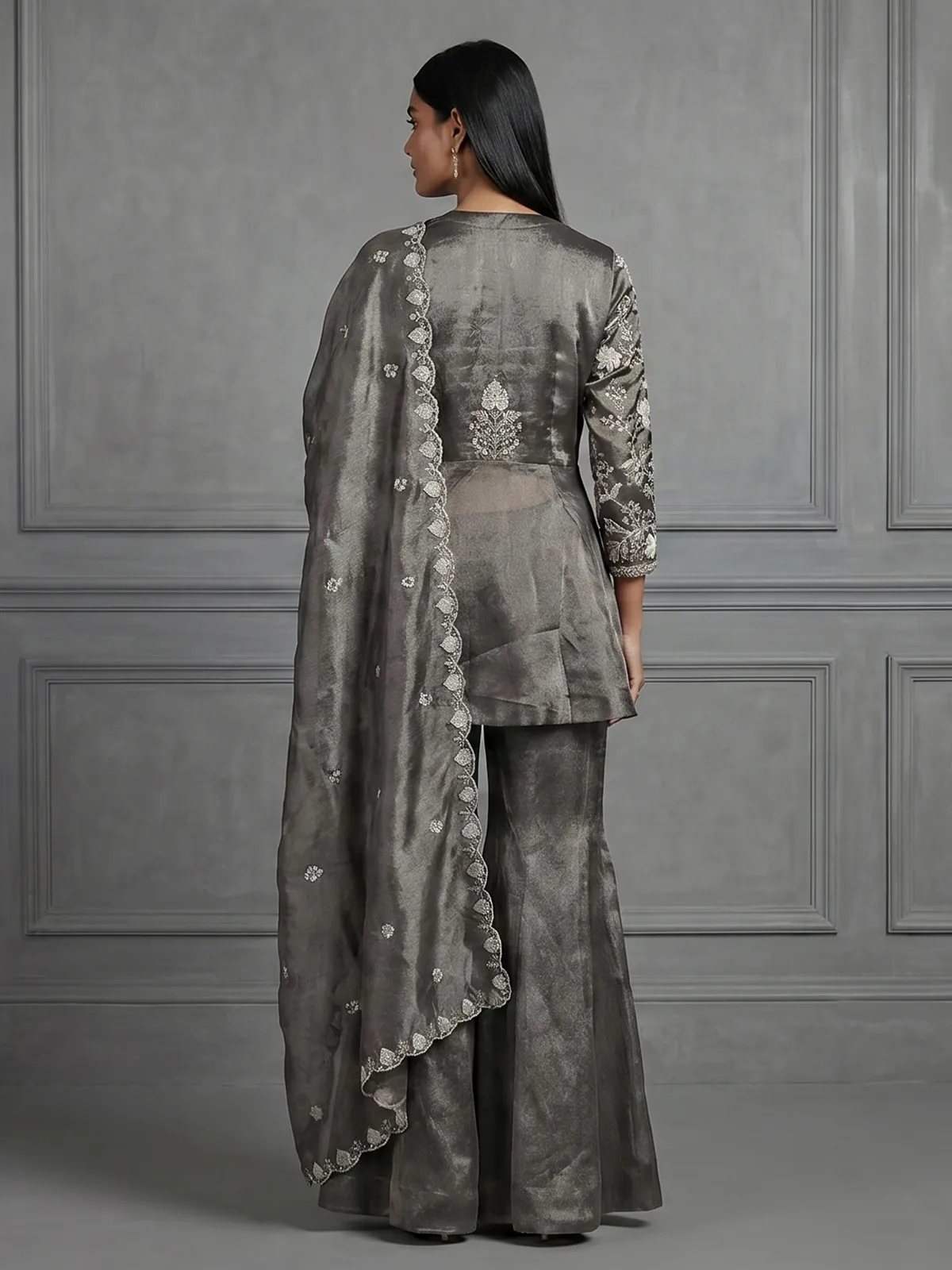 Pastel grey tissue organza palazzo suit designer style