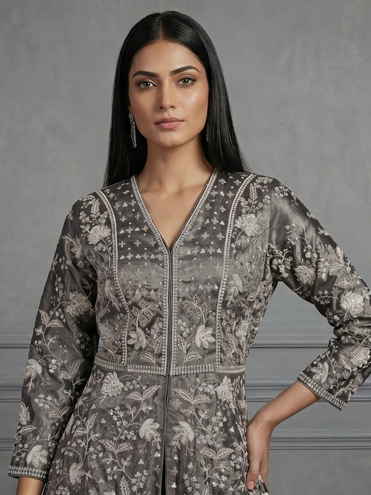 Pastel grey tissue organza palazzo suit designer style