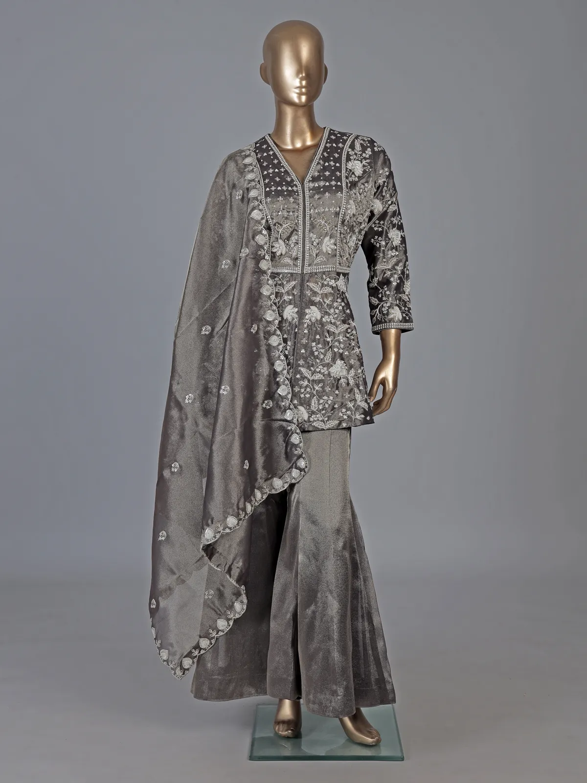 Pastel grey tissue organza palazzo suit designer style