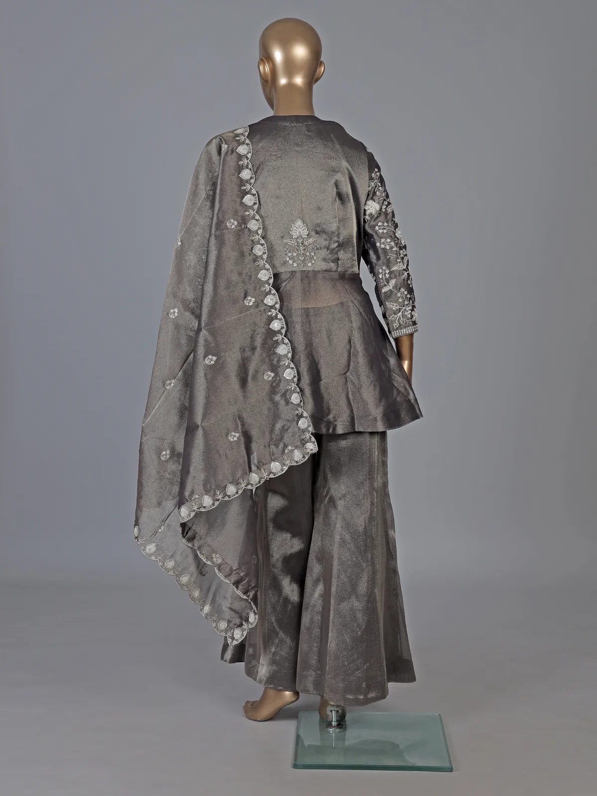Pastel grey tissue organza palazzo suit designer style