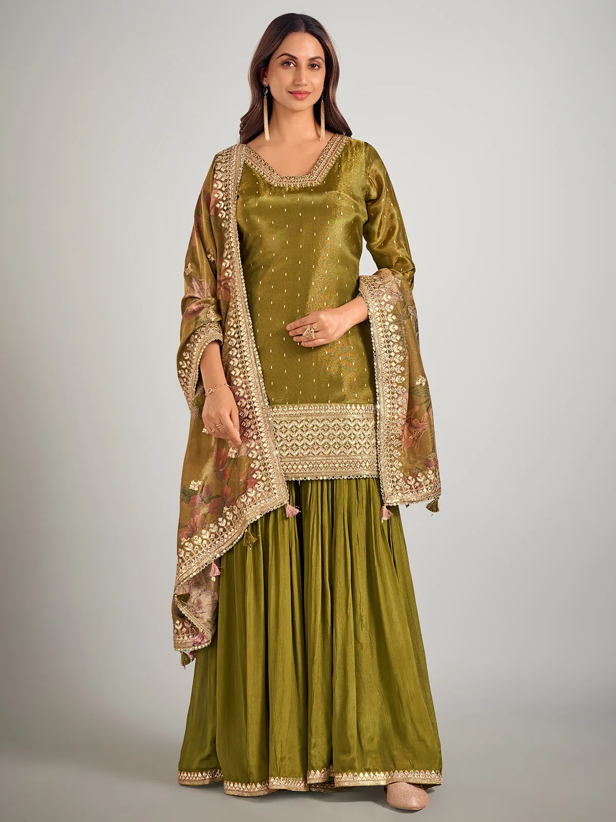 Pastel olive pakistani silk palazzo suit