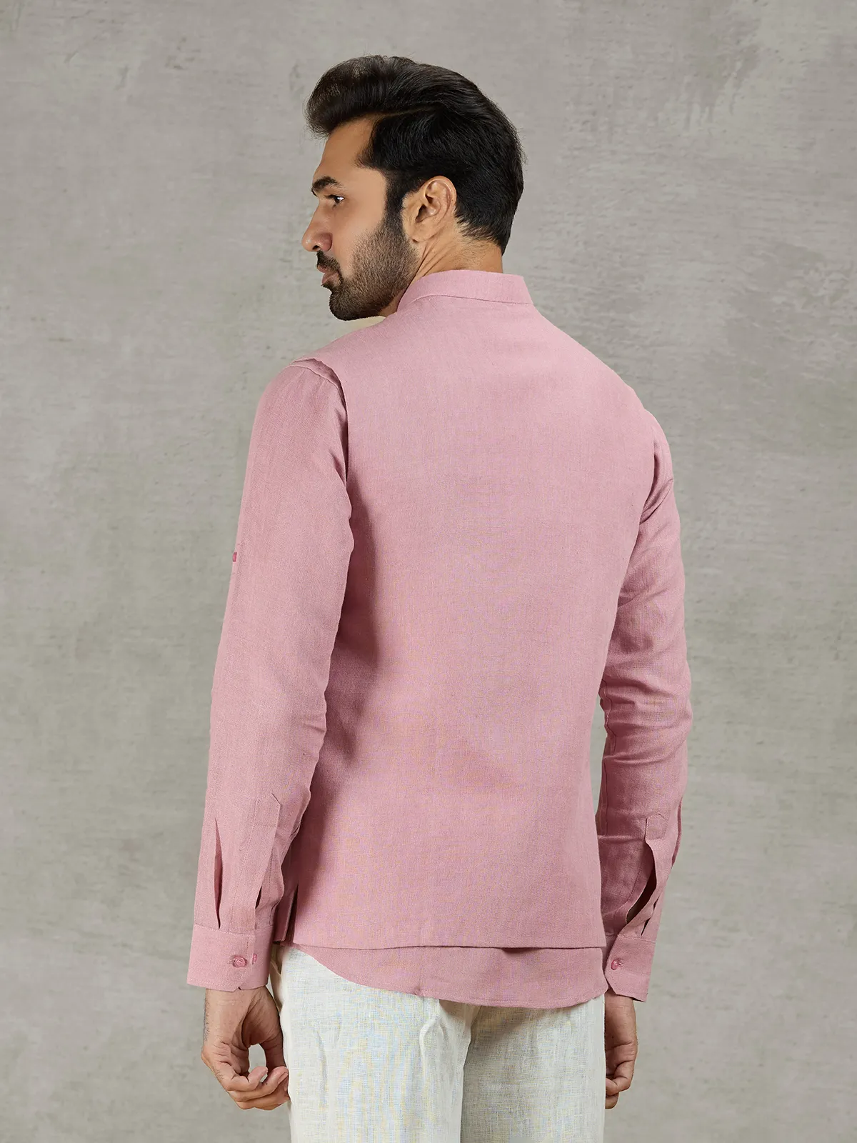 Pastel pink linen waistcoat with shirt and embellished crest detail