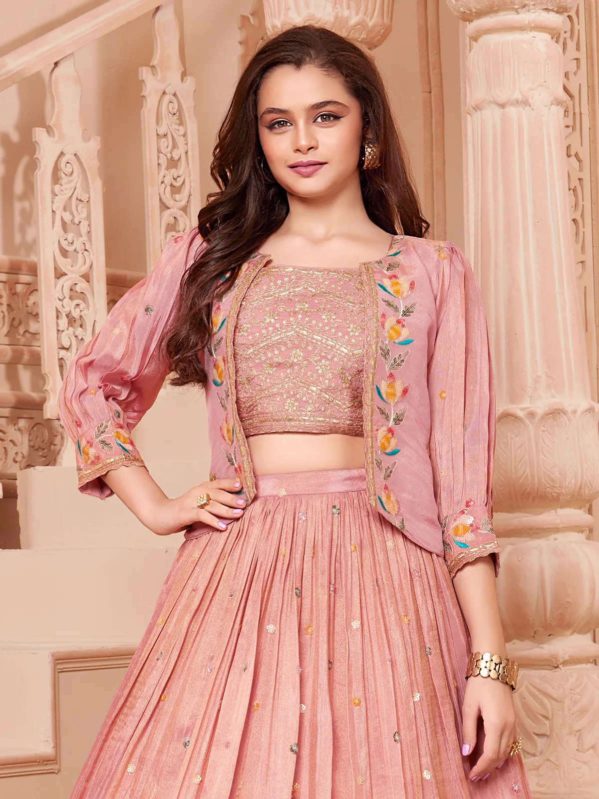 lehenga dress silk Women's Orange Embroidered Choli Set with Printed Blouse Rithika Suits With its graceful designs and comfortable fit Pastel pink silk jacket style