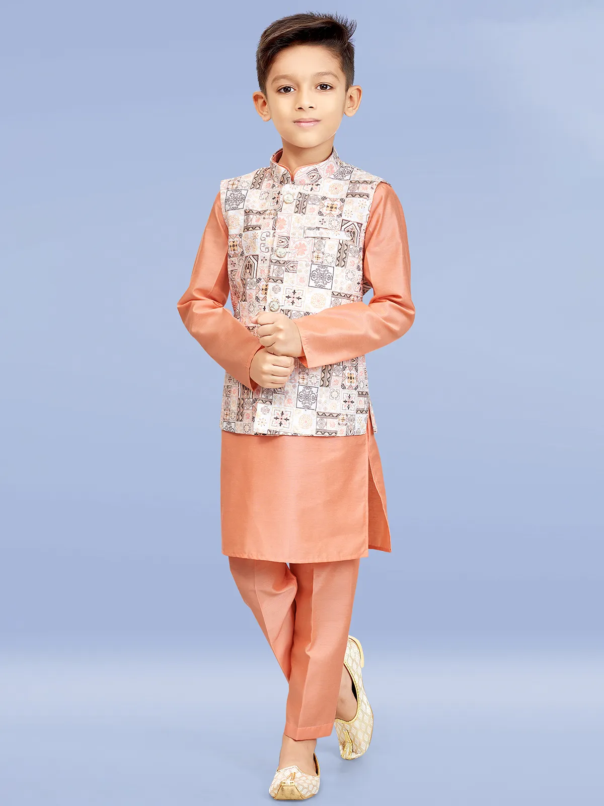 Peach and cream printed waistcoat set for boy