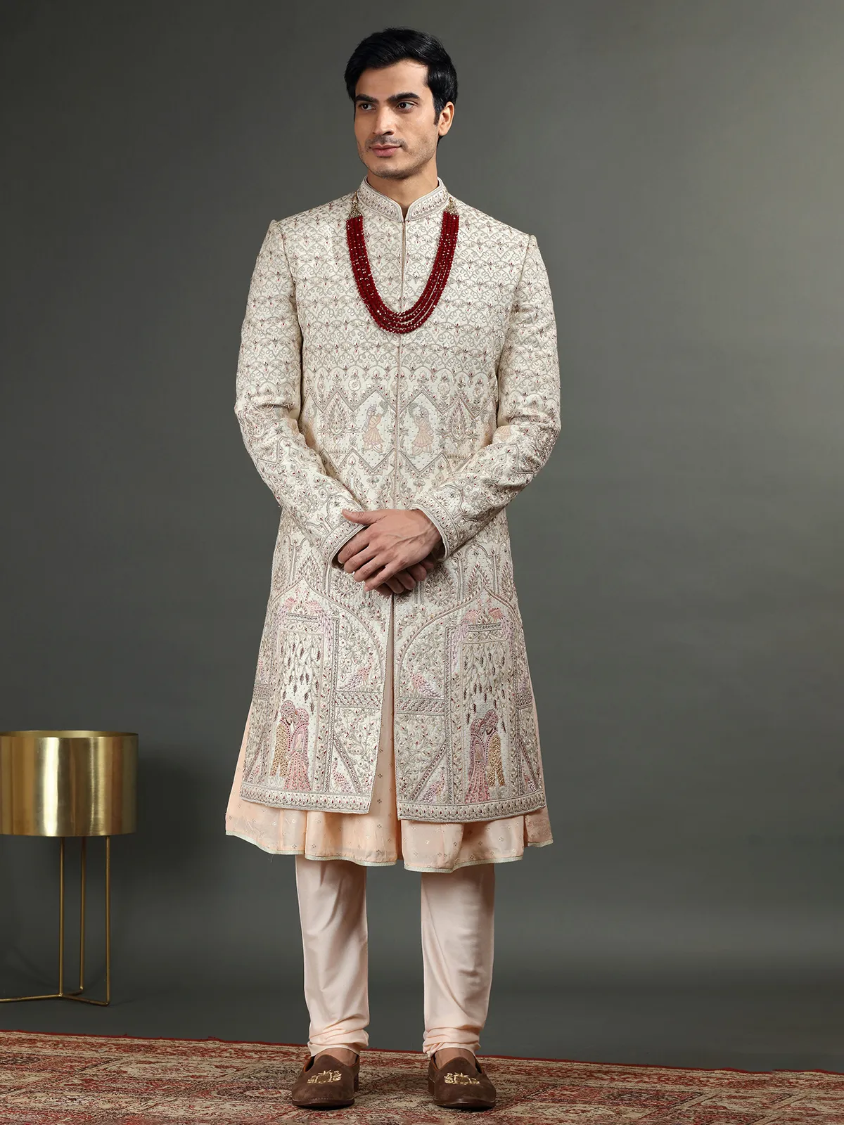 Peach and cream raw silk sherwani