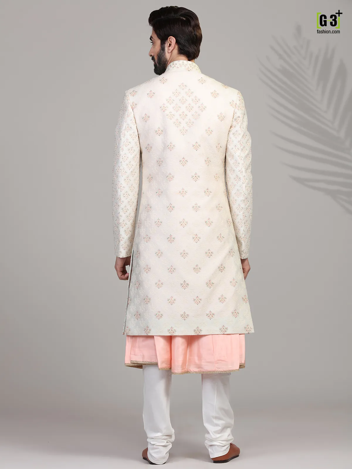 Peach and cream silk sherwani set