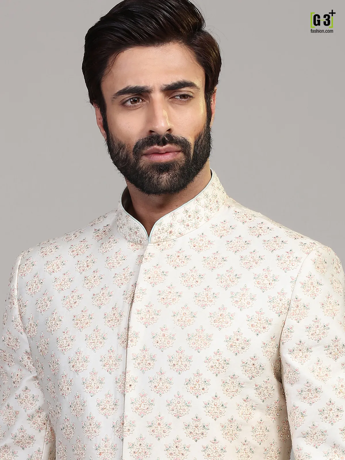 Peach and cream silk sherwani set