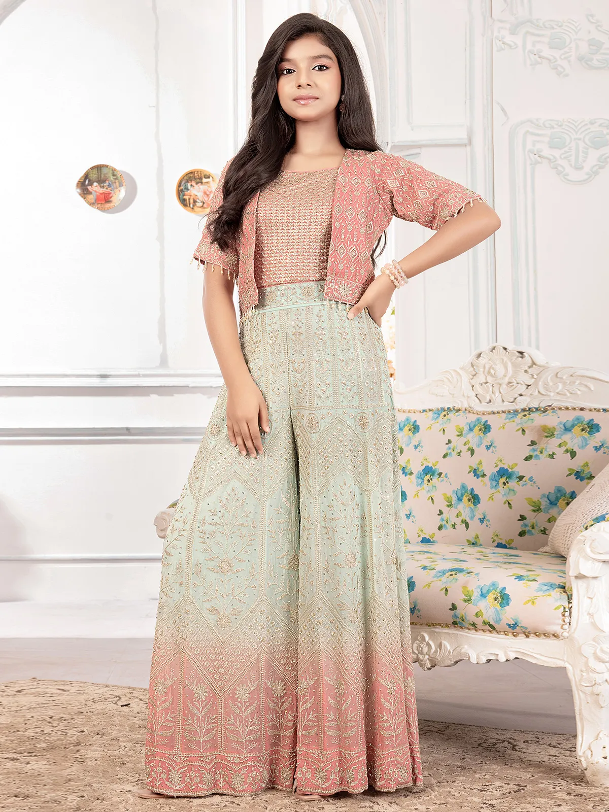 Peach and mint green ombre style palazzo setG3GSS2902 United...