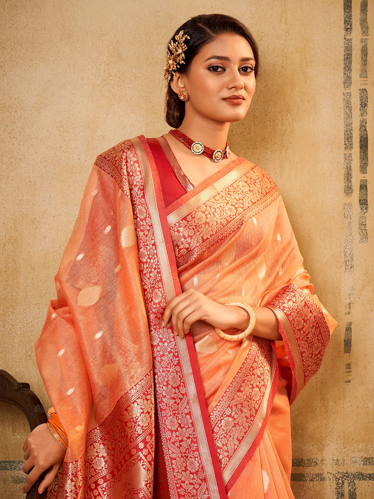 Peach banarasi tissue silk saree