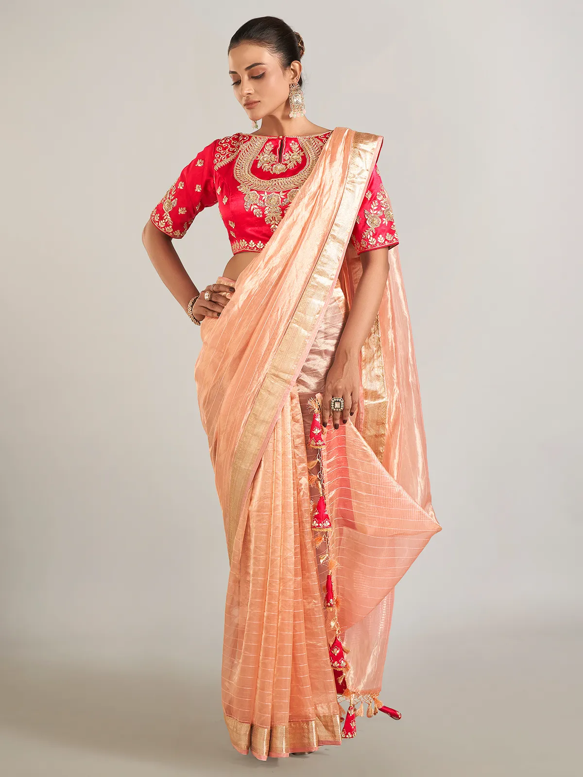 Peach banarasi tissue silk wedding wear saree
