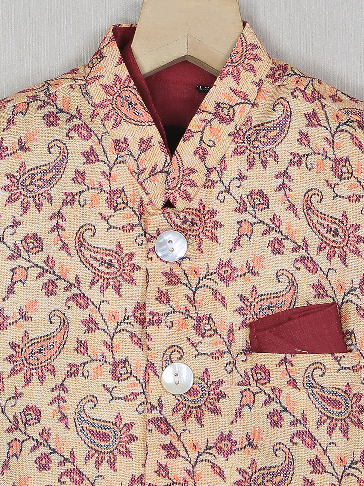Peach color cotton silk printed waistcoat with shirt