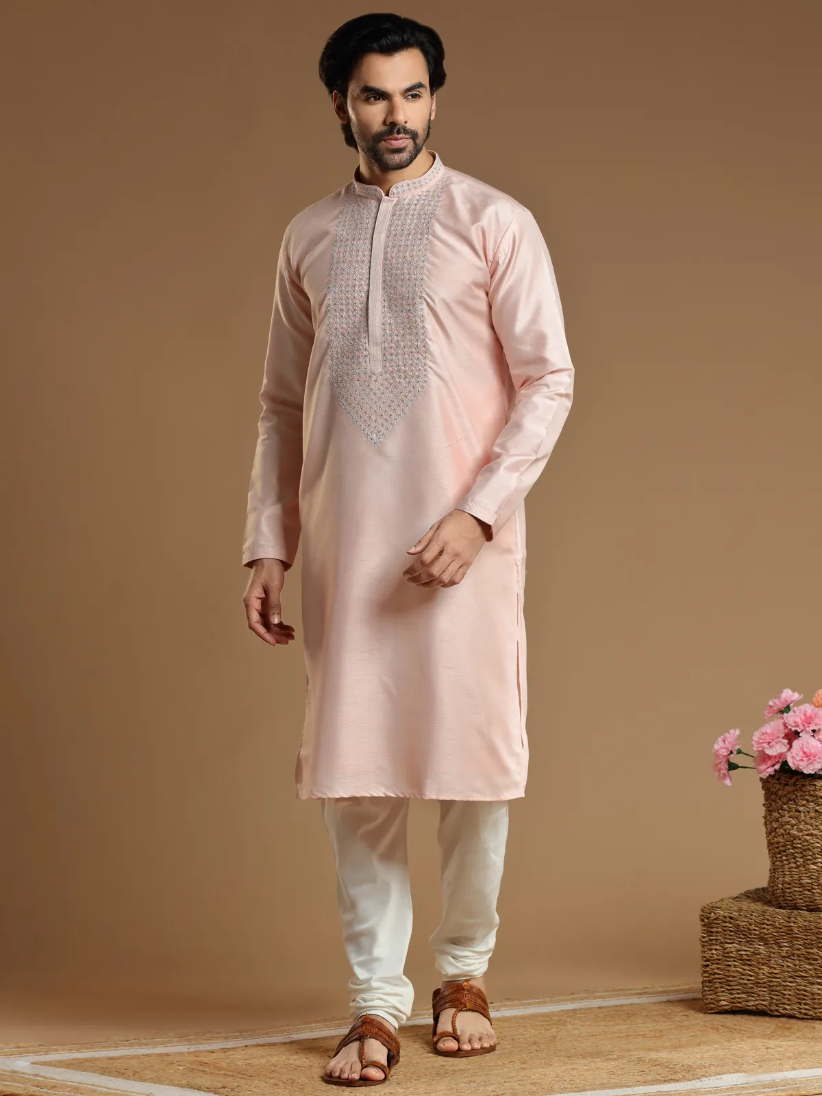 Peach color kurta suit in cotton silk for men