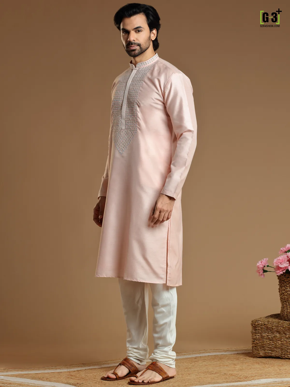 Peach color kurta suit in cotton silk for men