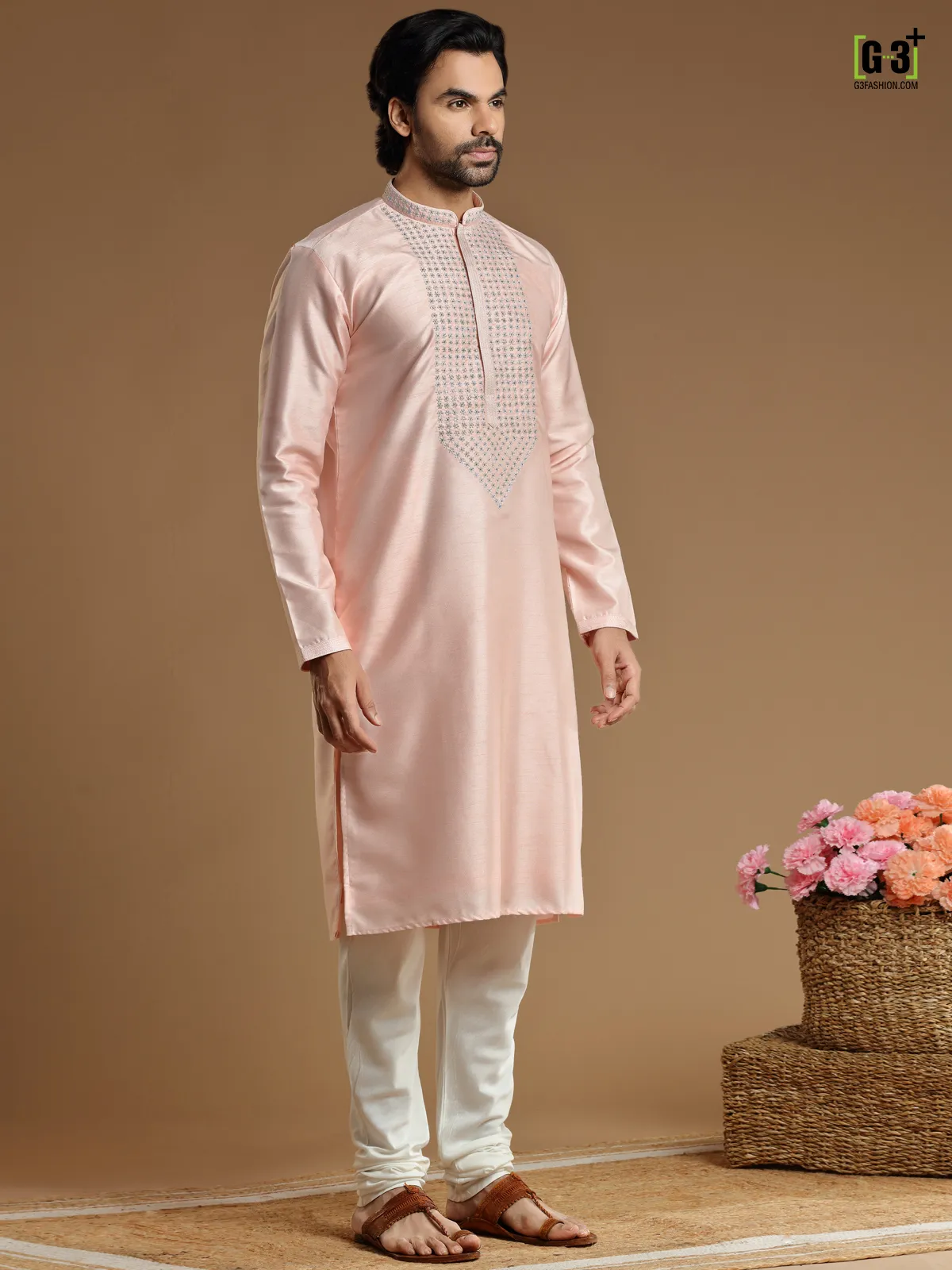 Peach color  Kurta pajama in cotton silk for men