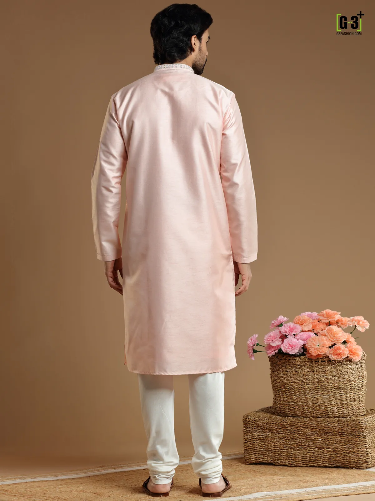 Peach color  Kurta pajama in cotton silk for men