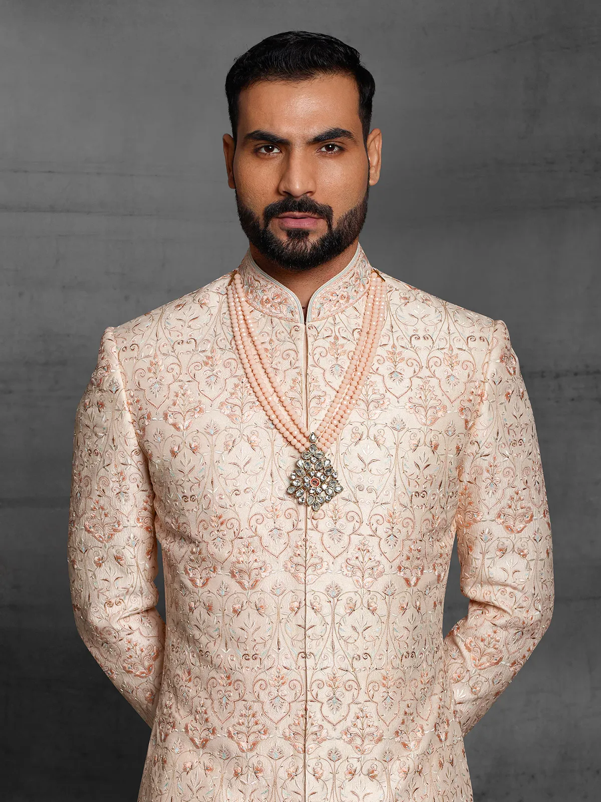 Peach color latest sherwani in silk fabric