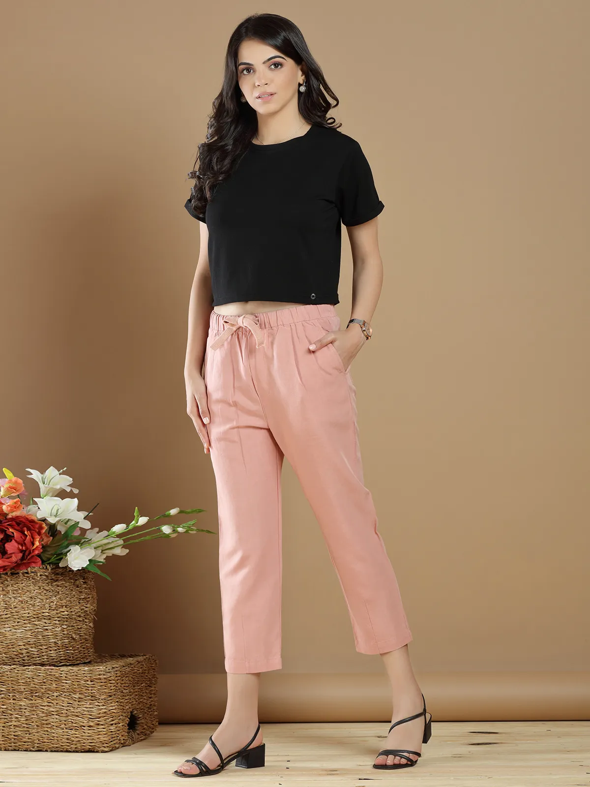 Peach cotton casual wear plain pant