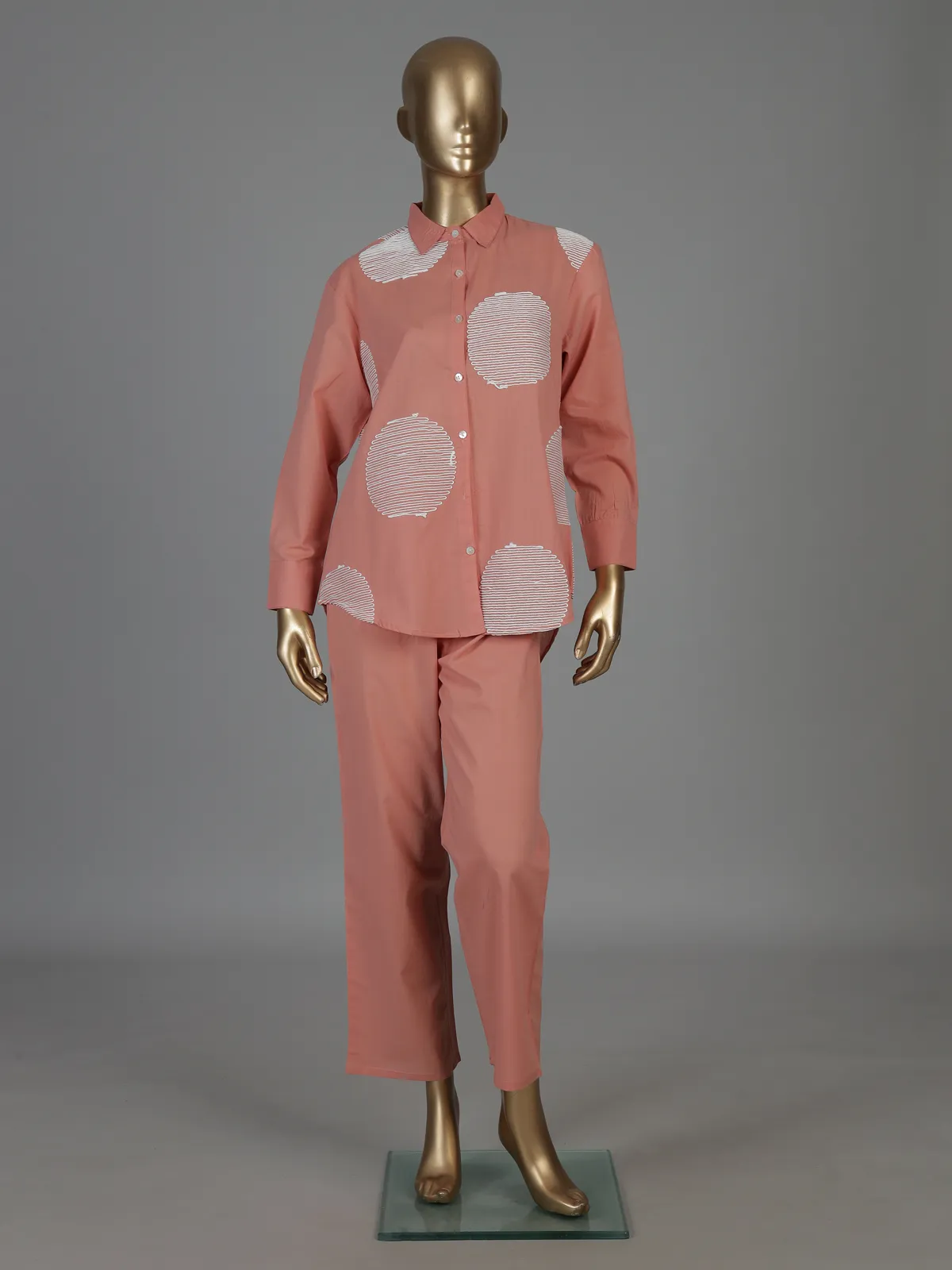Peach cotton co ord set with elegant white thread work