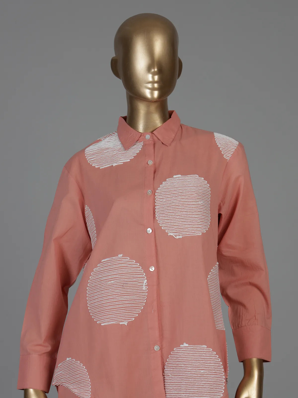 Peach cotton co ord set with elegant white thread work