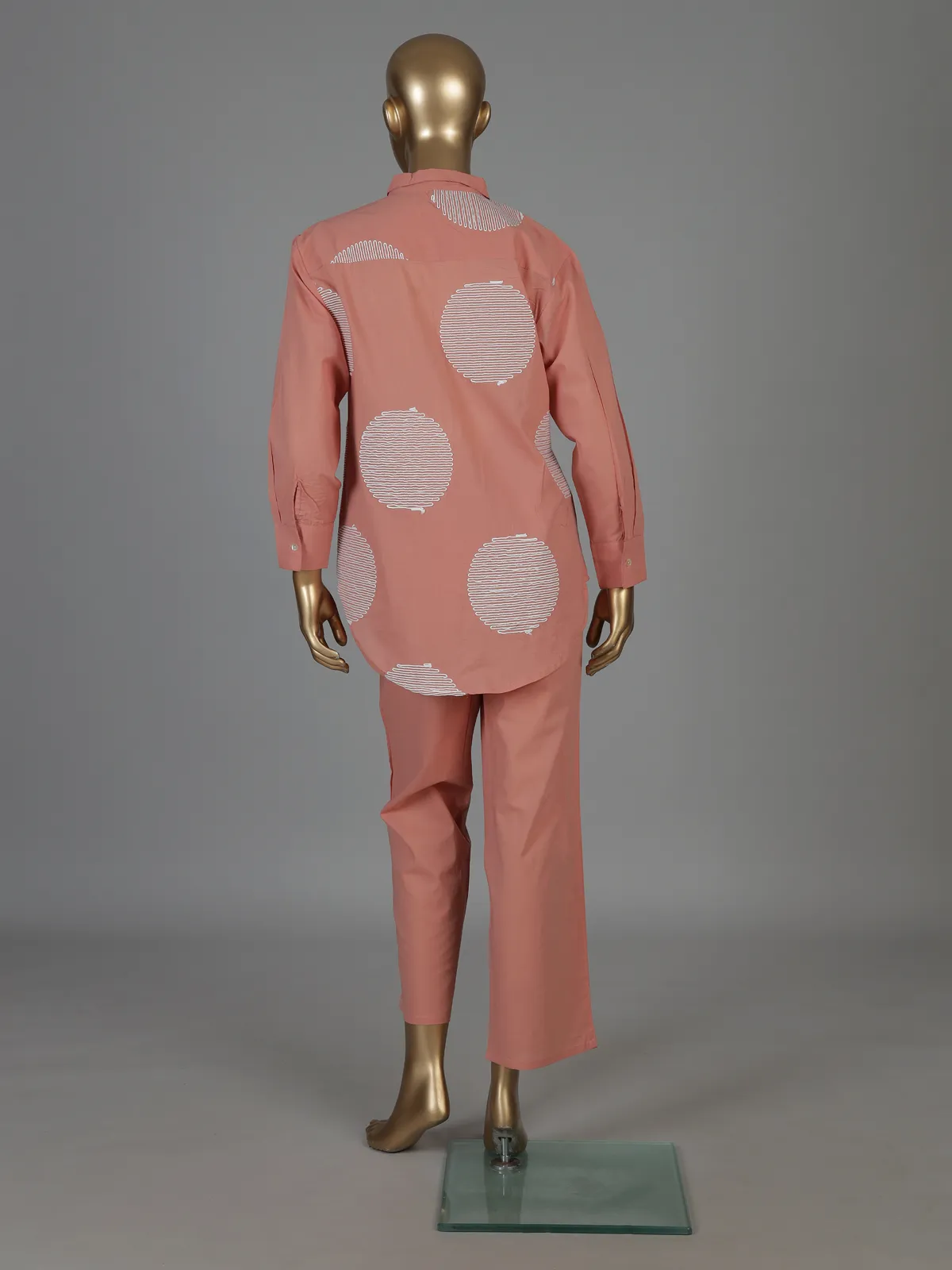 Peach cotton co ord set with elegant white thread work