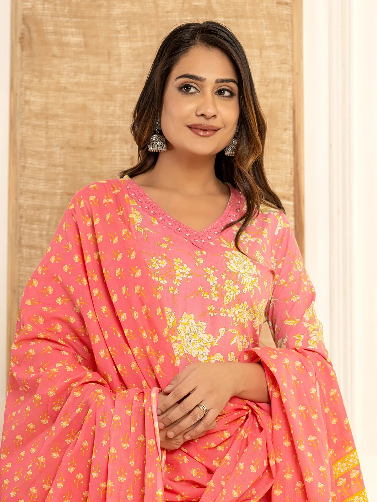 Peach cotton kurti set with dupatta