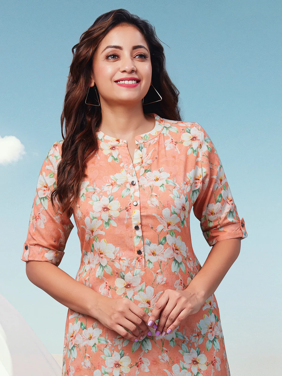 Peach cotton kurti with print