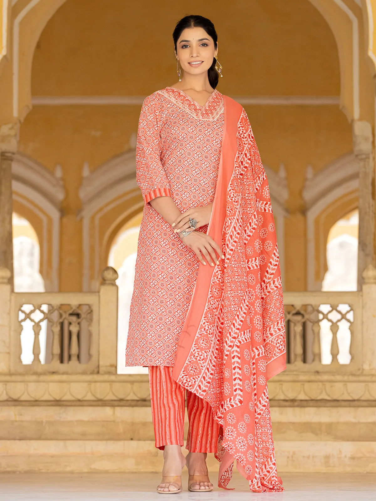 Peach cotton print kurti set with dupatta
