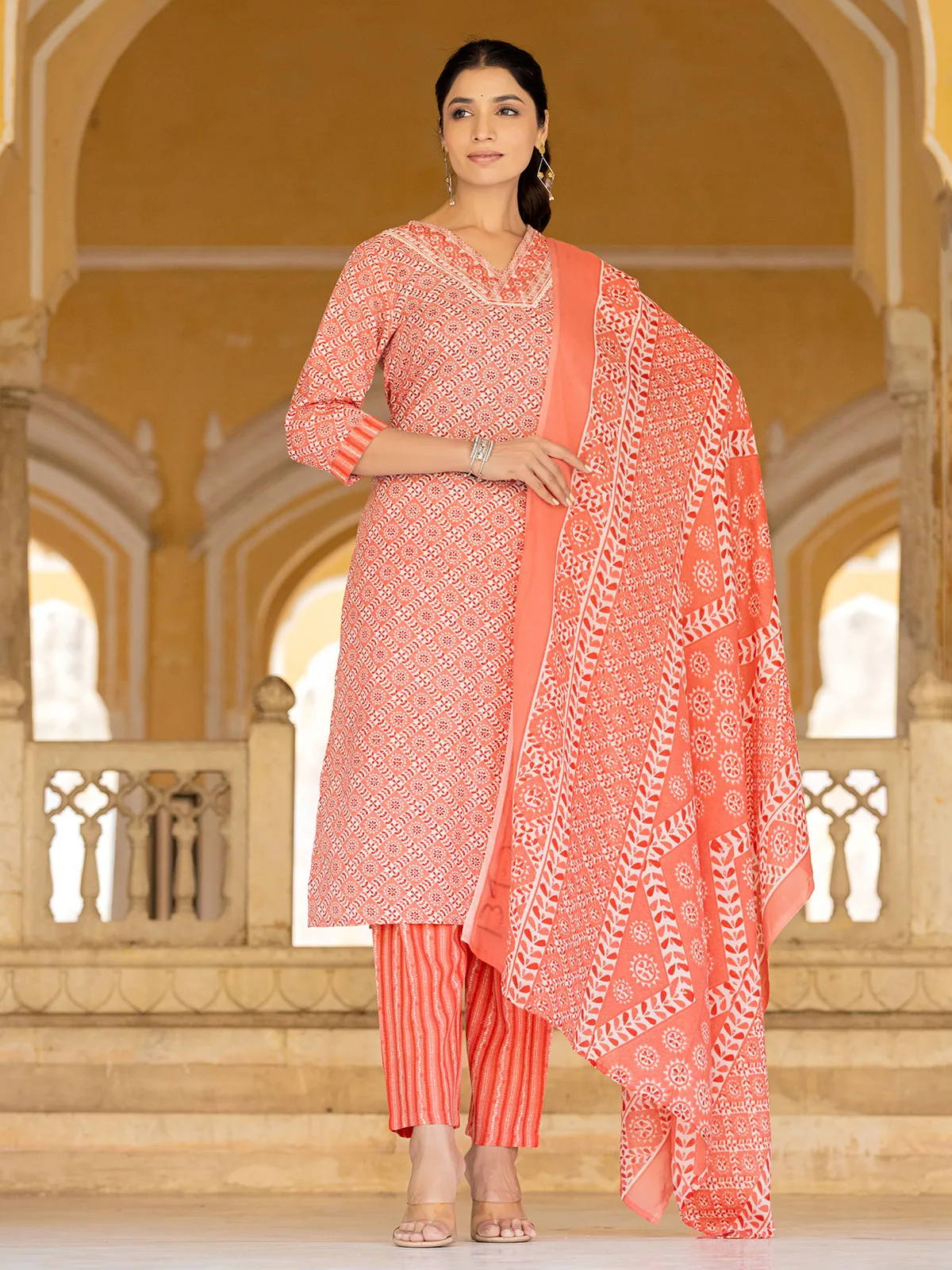 Peach cotton print kurti set with dupatta