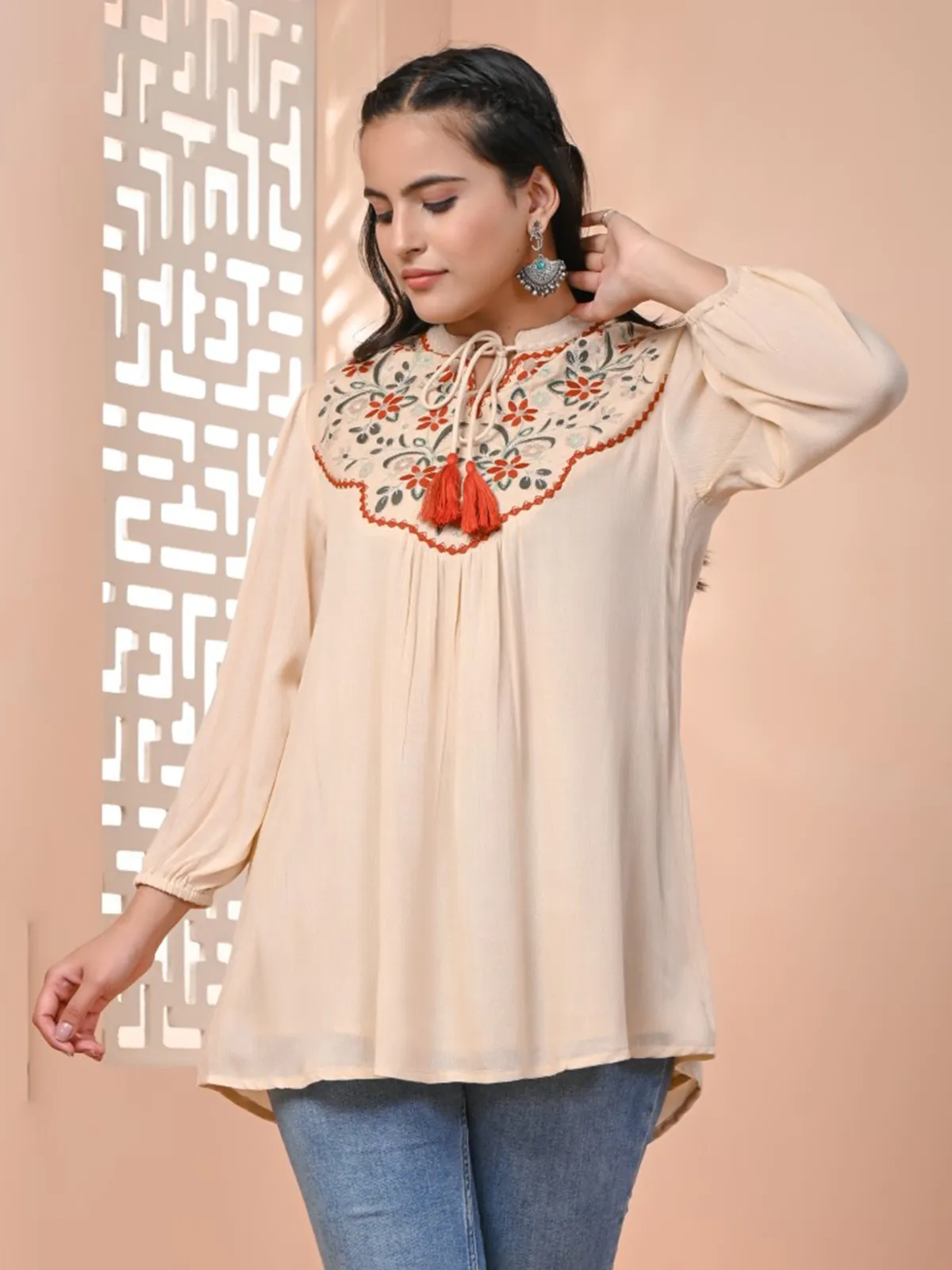 Peach cotton tunic top for casual