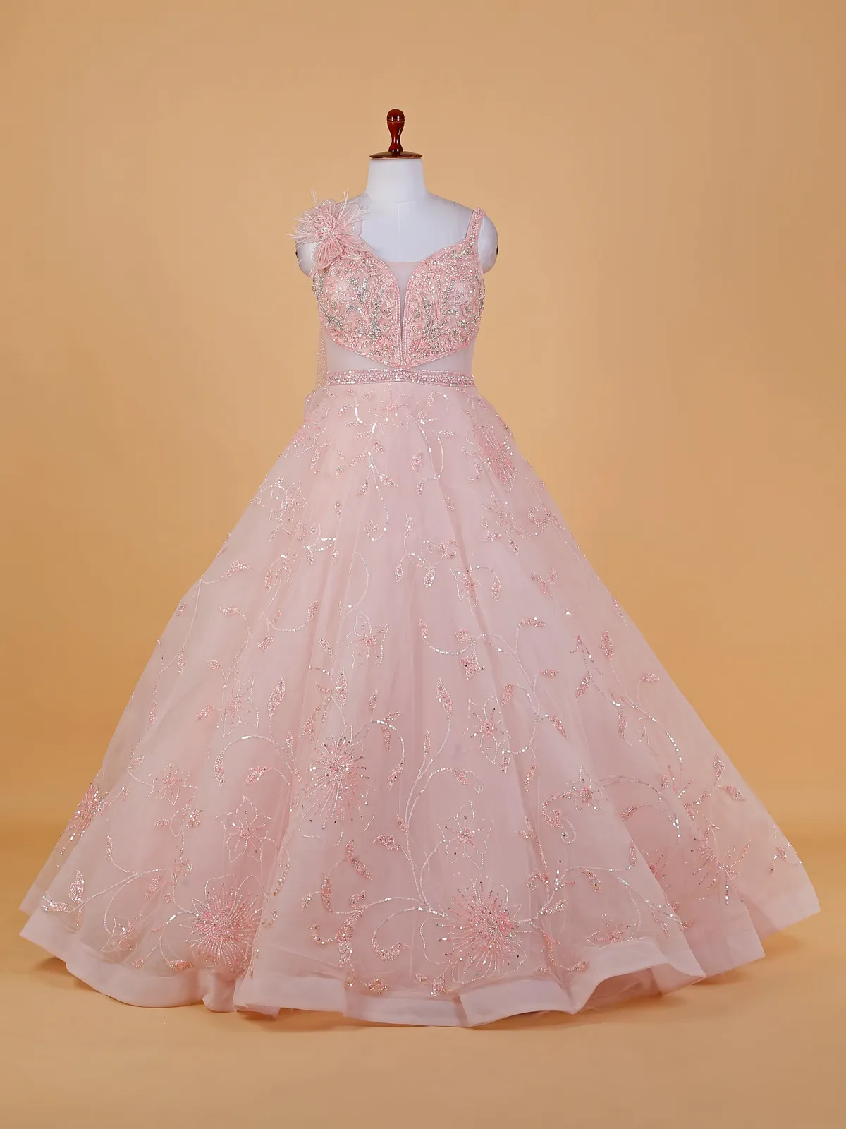 Peach designer net gown