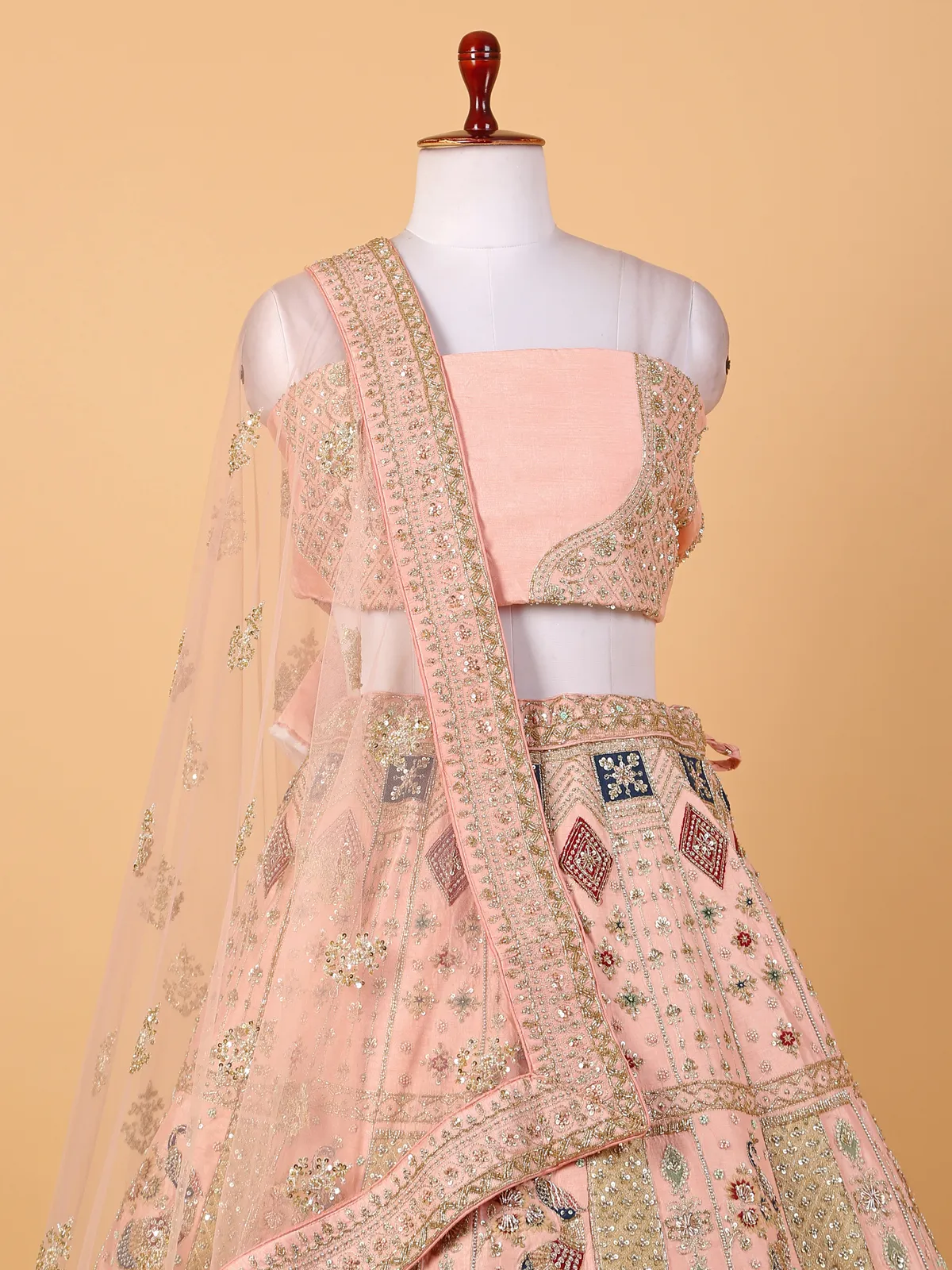 Peach embroidery raw silk bridal lehenga choli