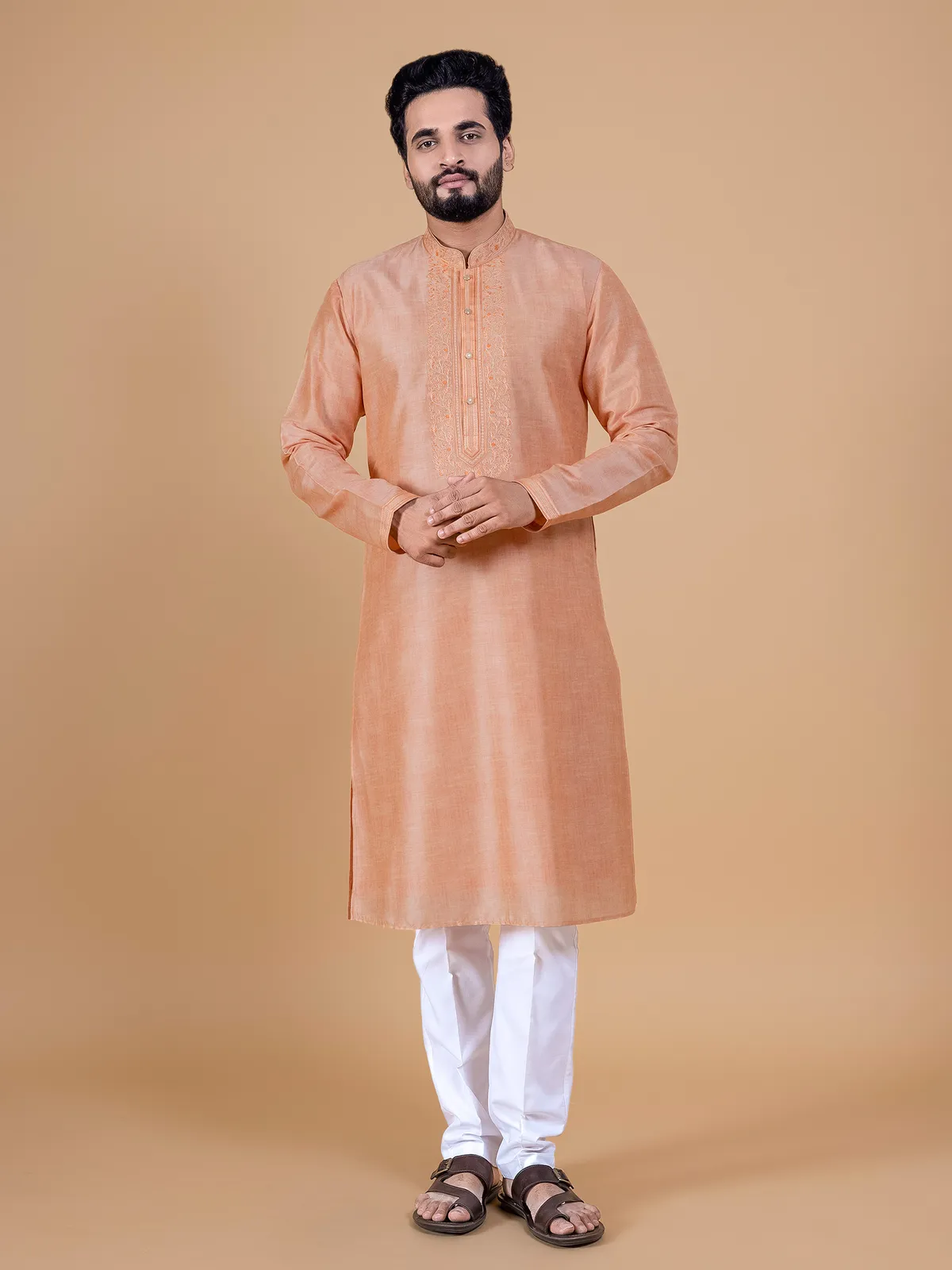 Peach festive kurta suit in silk