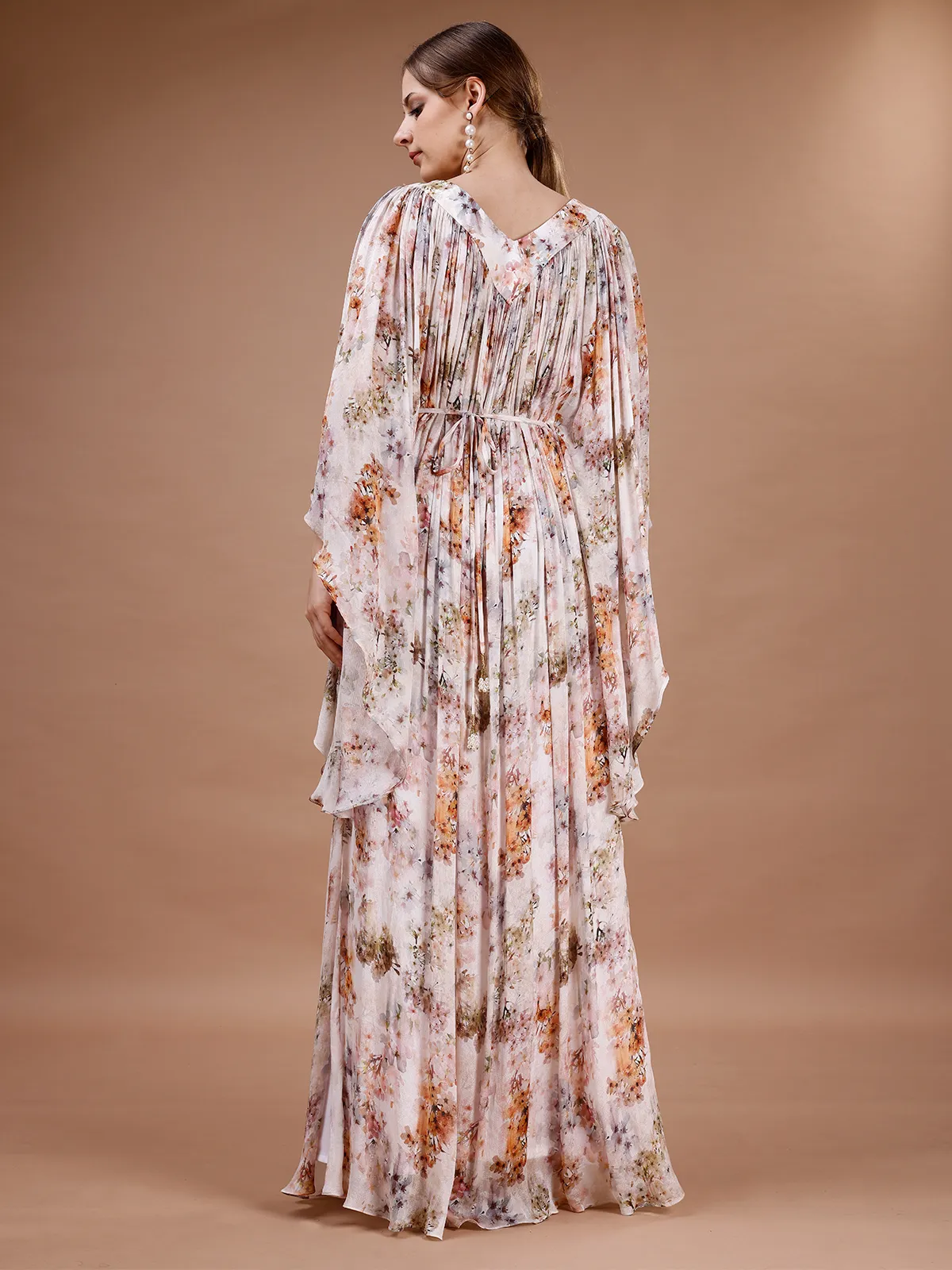 Peach floral printed kaftaan style gown