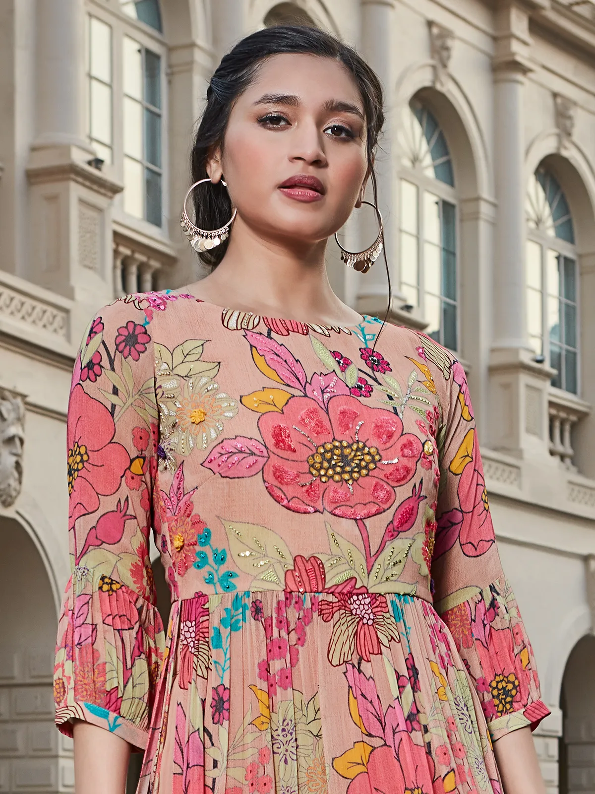 Peach floral printed kurti with palazzo